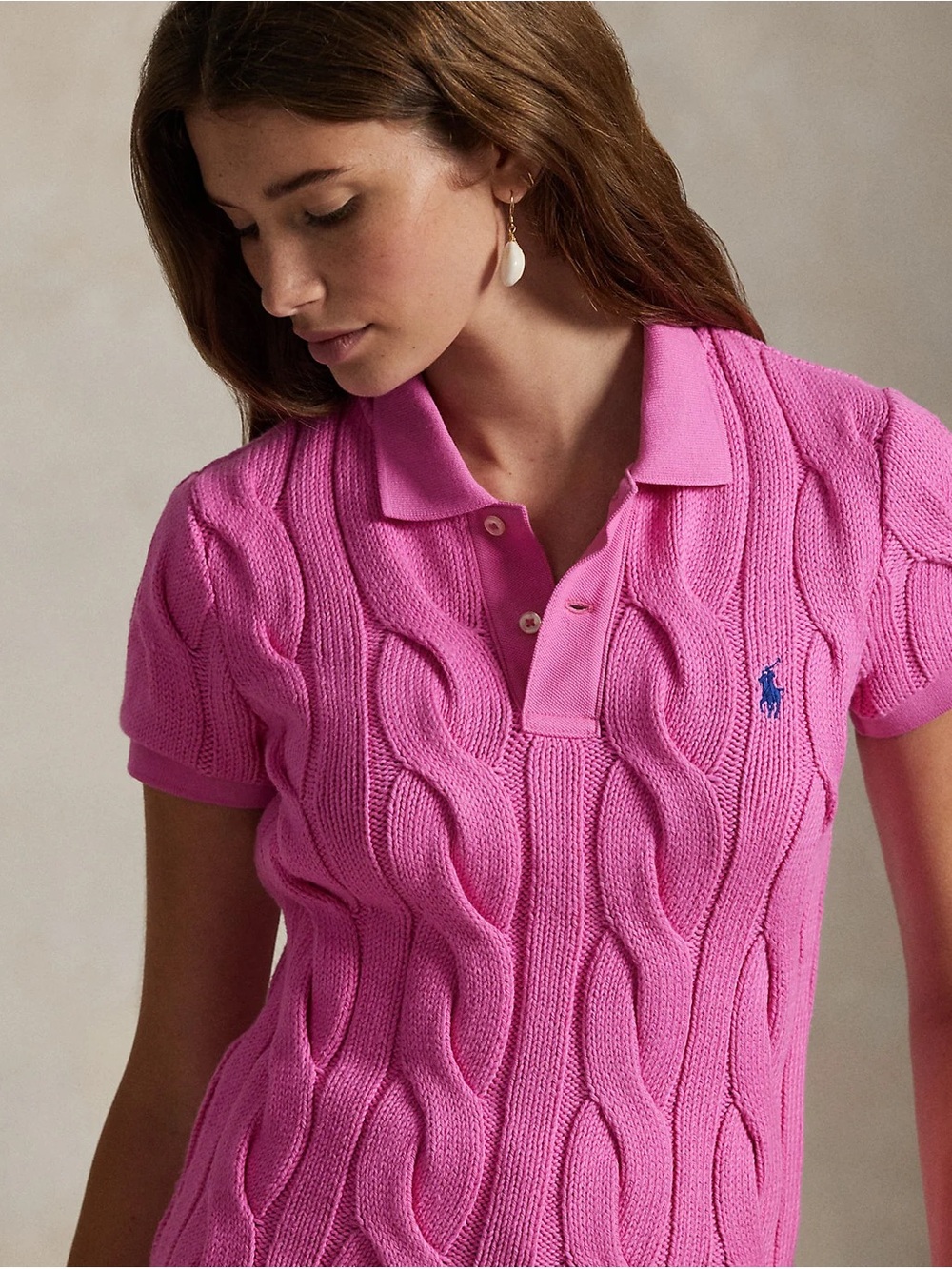 Ralph Lauren Cable-Knit Cotton Polo Shirt - Short Sleeve in Dalia Pink